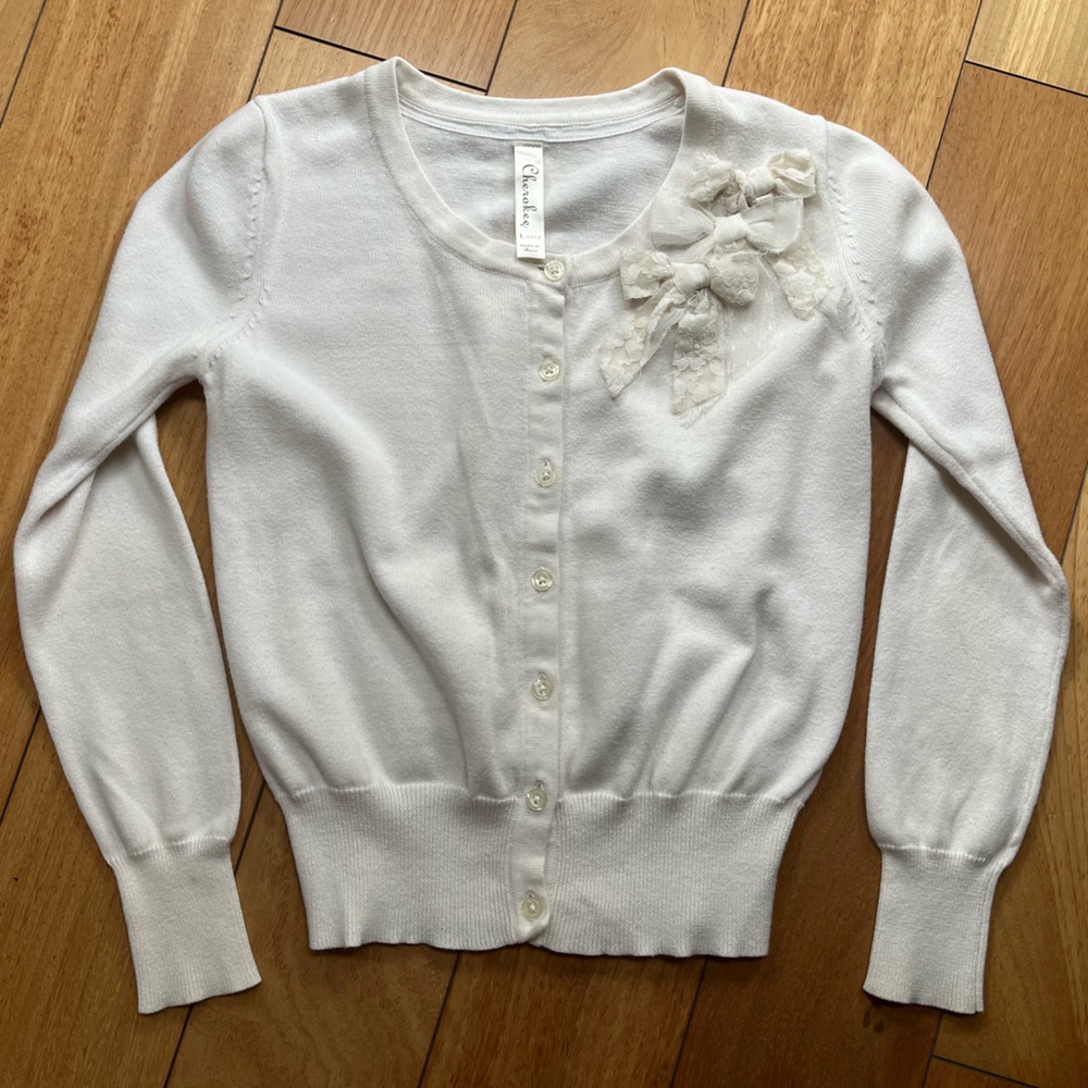 ❤️ Cherokee Cream Cardigan with Ribbon Lace Detail; Girls Size Large (10/12)